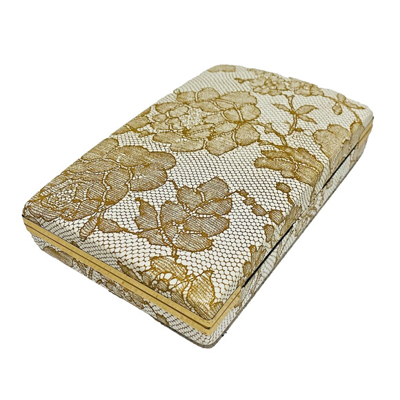 Vintage Mele Jewelry Box Case Portable Mid Century Gold Lace Pattern Hinge Lid - Picture 4 of 10